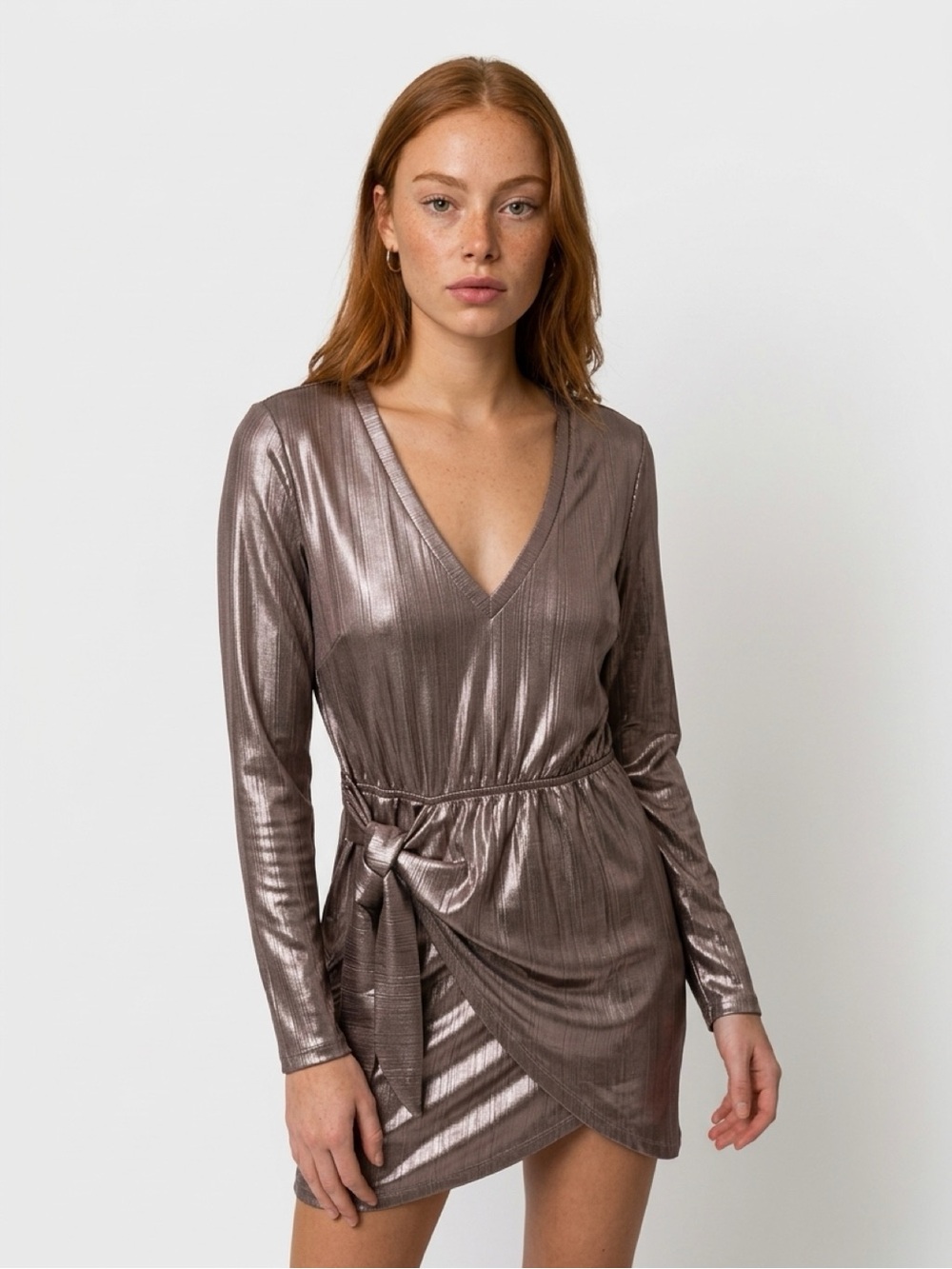 Tart Metallic Silver V-Neck Long Sleeve Dress with Waist Tie Size Medium